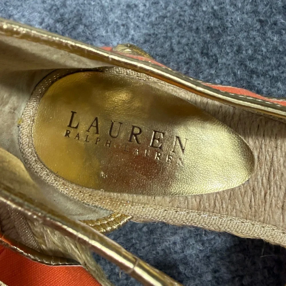 Lauren Ralph Lauren Charlotte Espadrille Wedge Women 8B Orange Textile Gold GUC